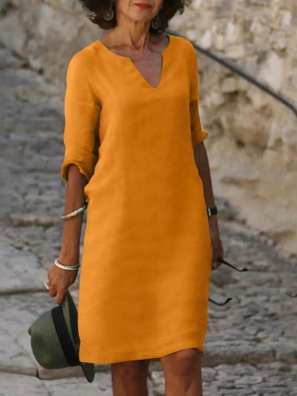 Casual V Neck Shift Dress - Orange