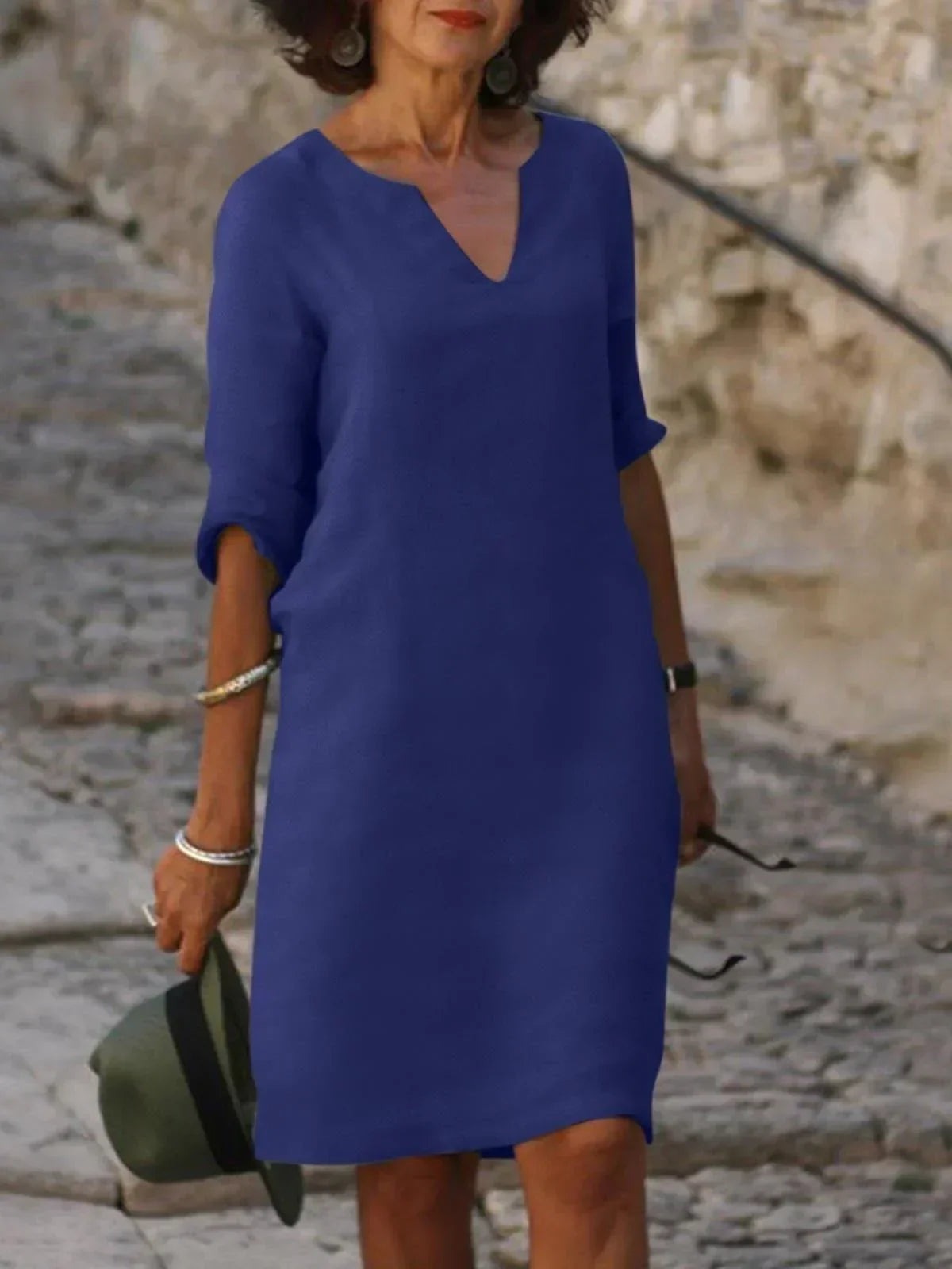 Casual V Neck Shift Dress - Navy Blue