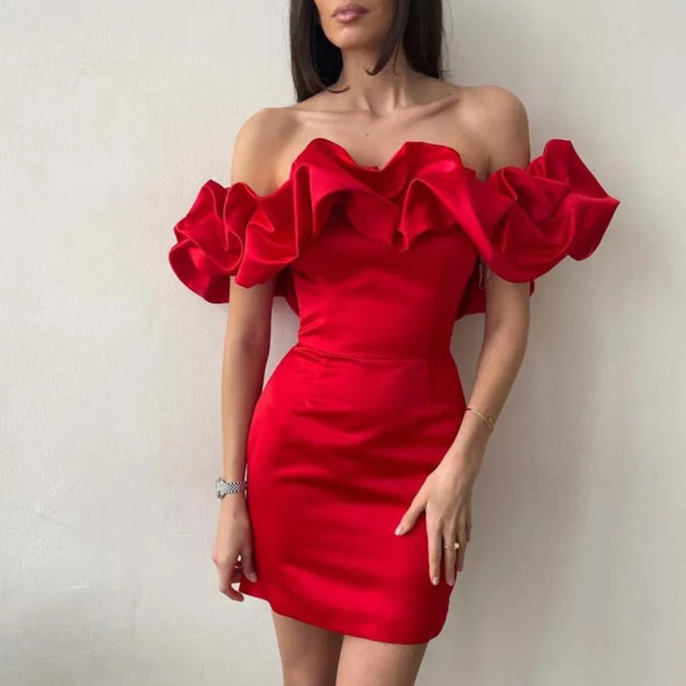 Women's Off-Shoulder Satin Mini Dress - Red