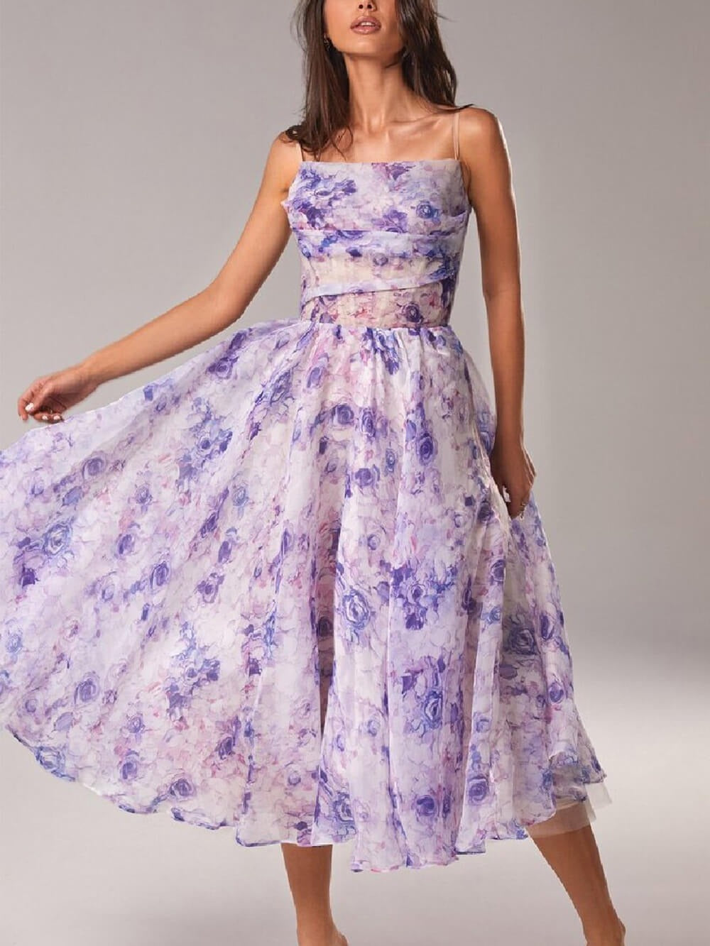 Floral Wedding Guest Midi Dress - Purple