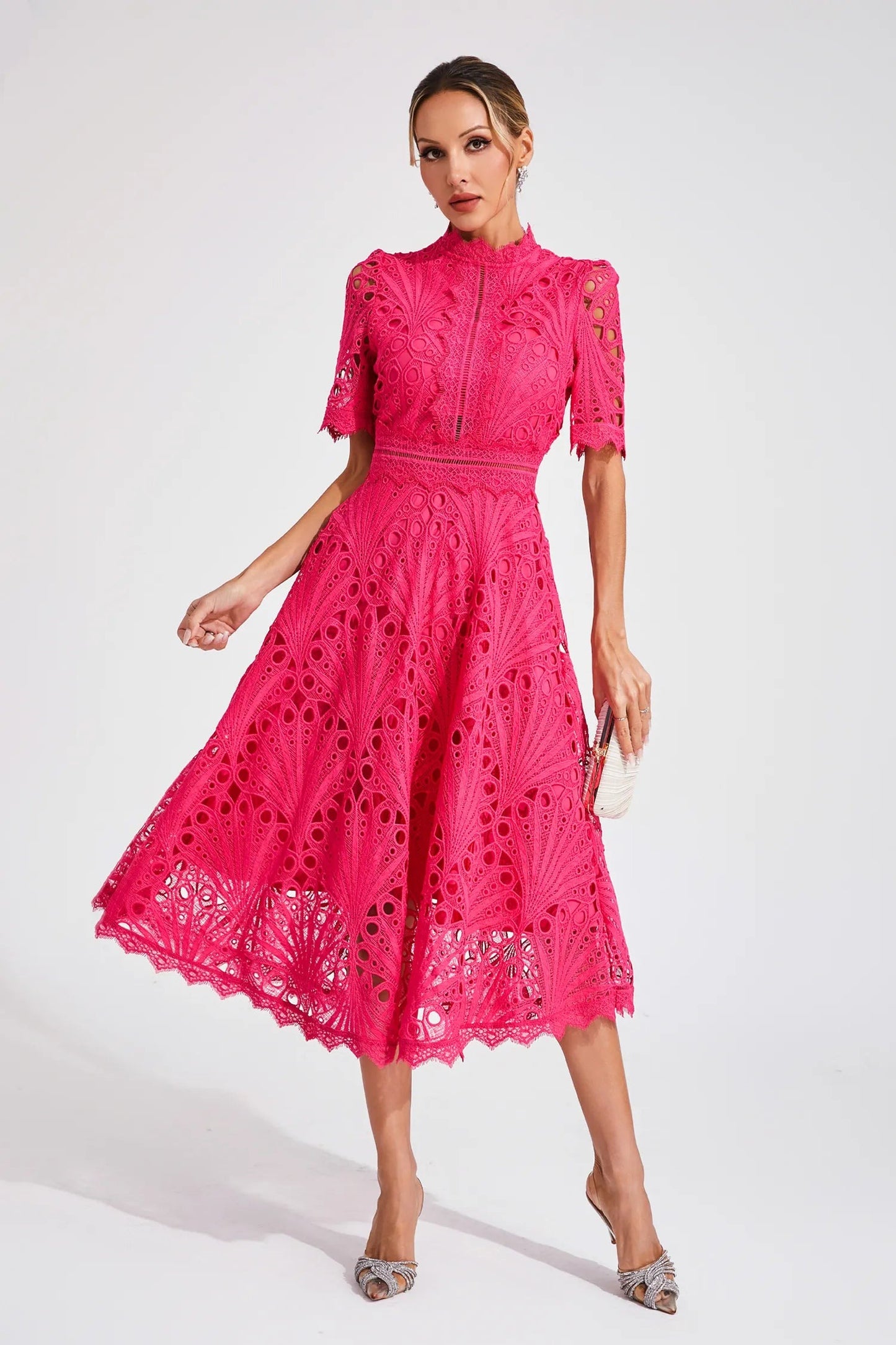 Wedding Guest Lace Midi Dress - Pink