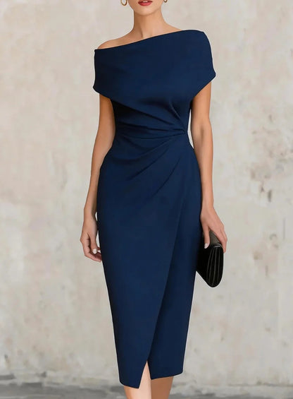 One Shoulder Ruched Midi Dress - Navy Blue