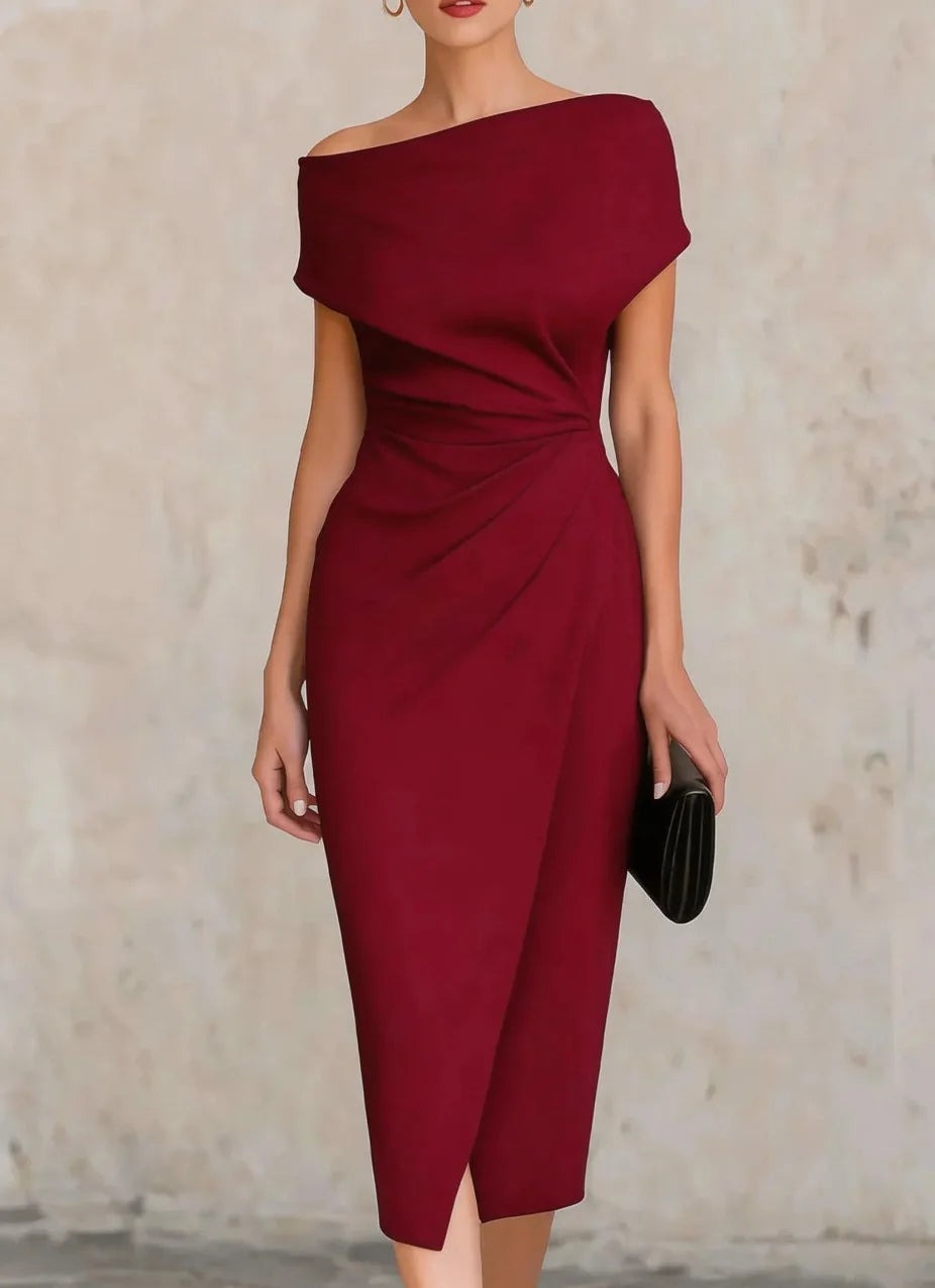 One Shoulder Ruched Midi Dress - Red