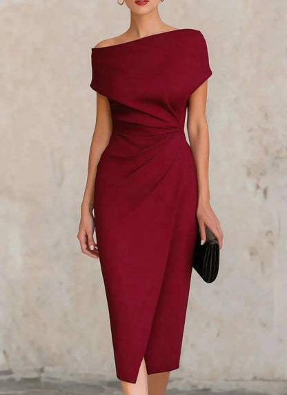 One Shoulder Ruched Midi Dress - Red