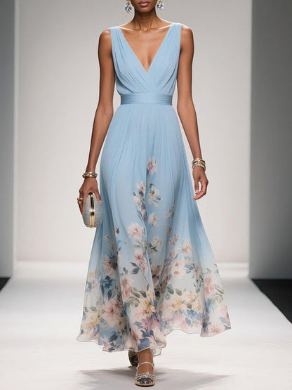 Floral Wedding Guest Maxi Dress - Light Blue