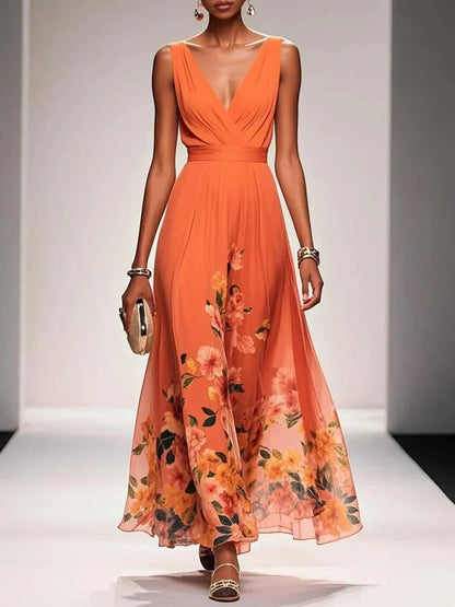 Floral Wedding Guest Maxi Dress - Orange