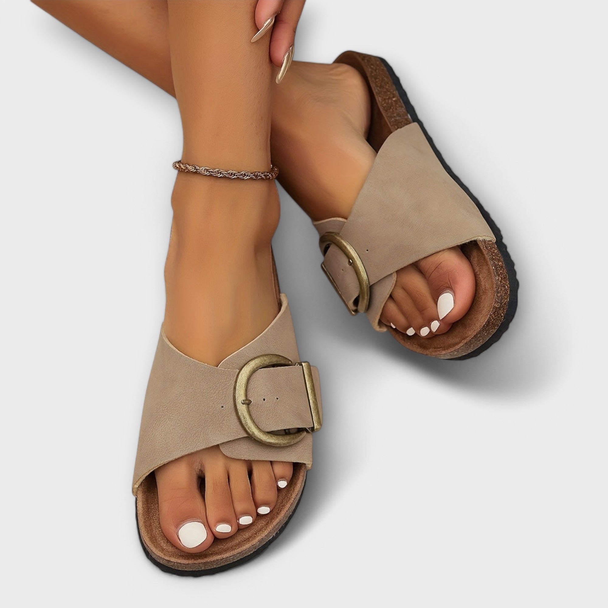 Women's Buckle Slide Sandals - Khaki