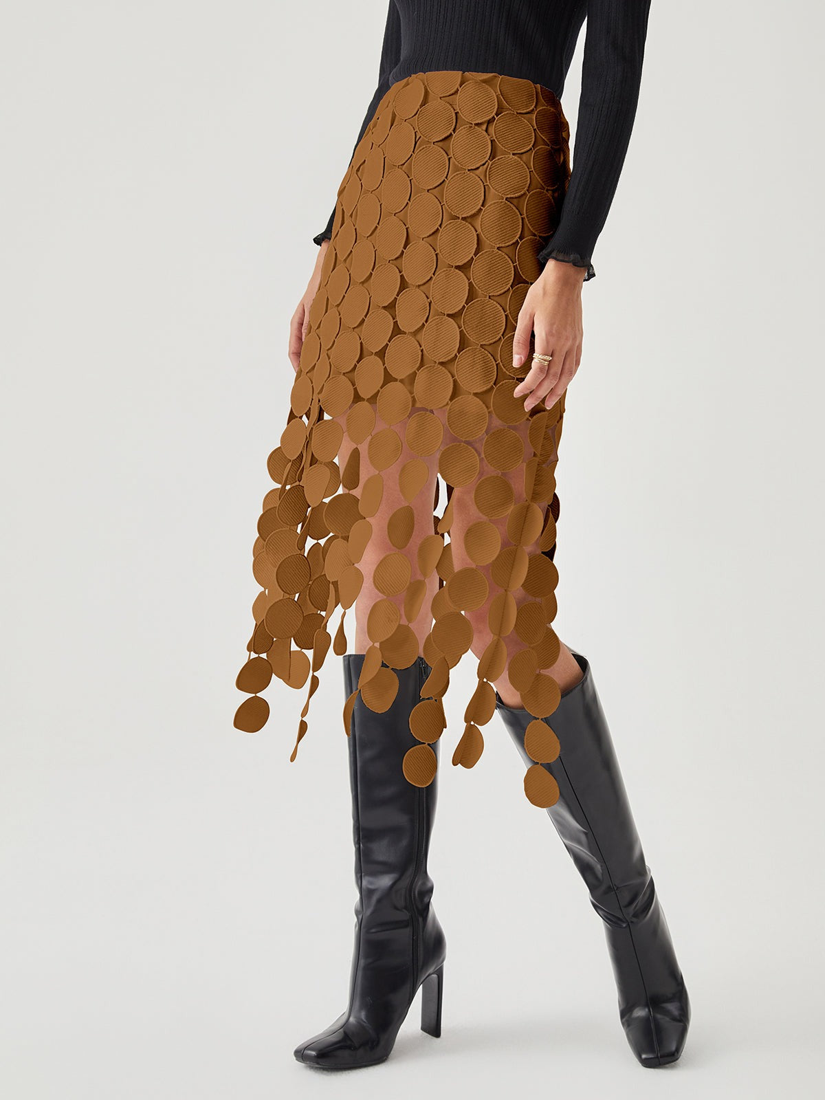 High Waisted Lace Midi Skirt - Light Brown