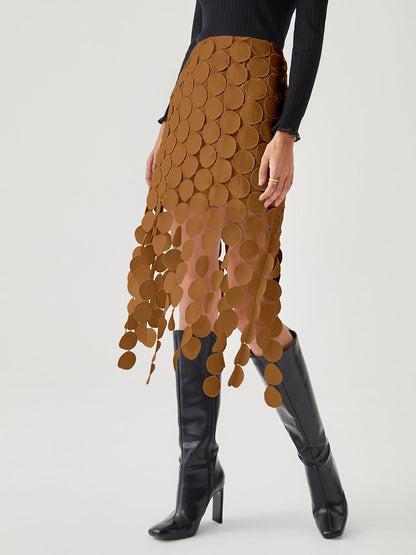 High Waisted Lace Midi Skirt - Light Brown