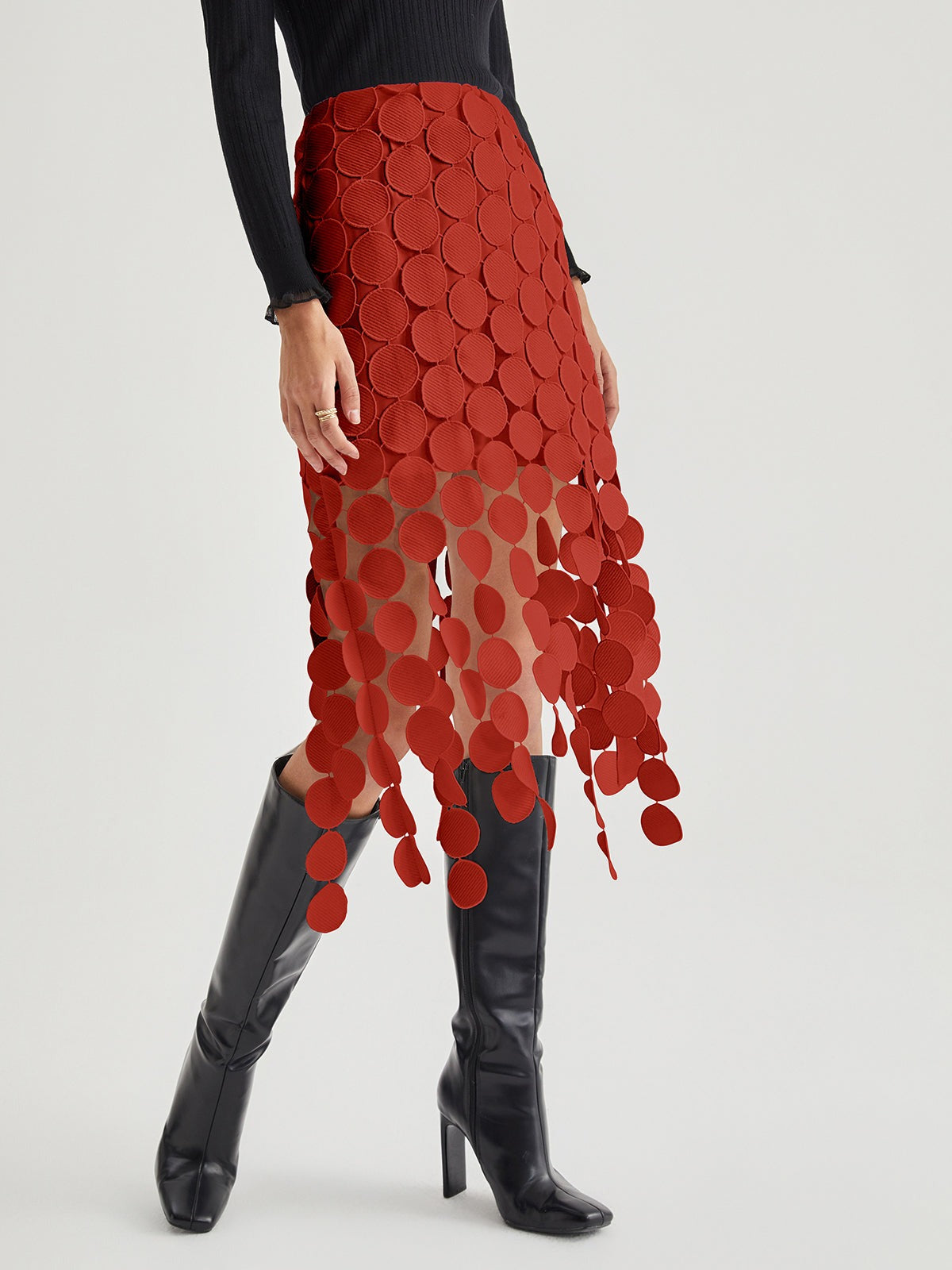 High Waisted Lace Midi Skirt - Red