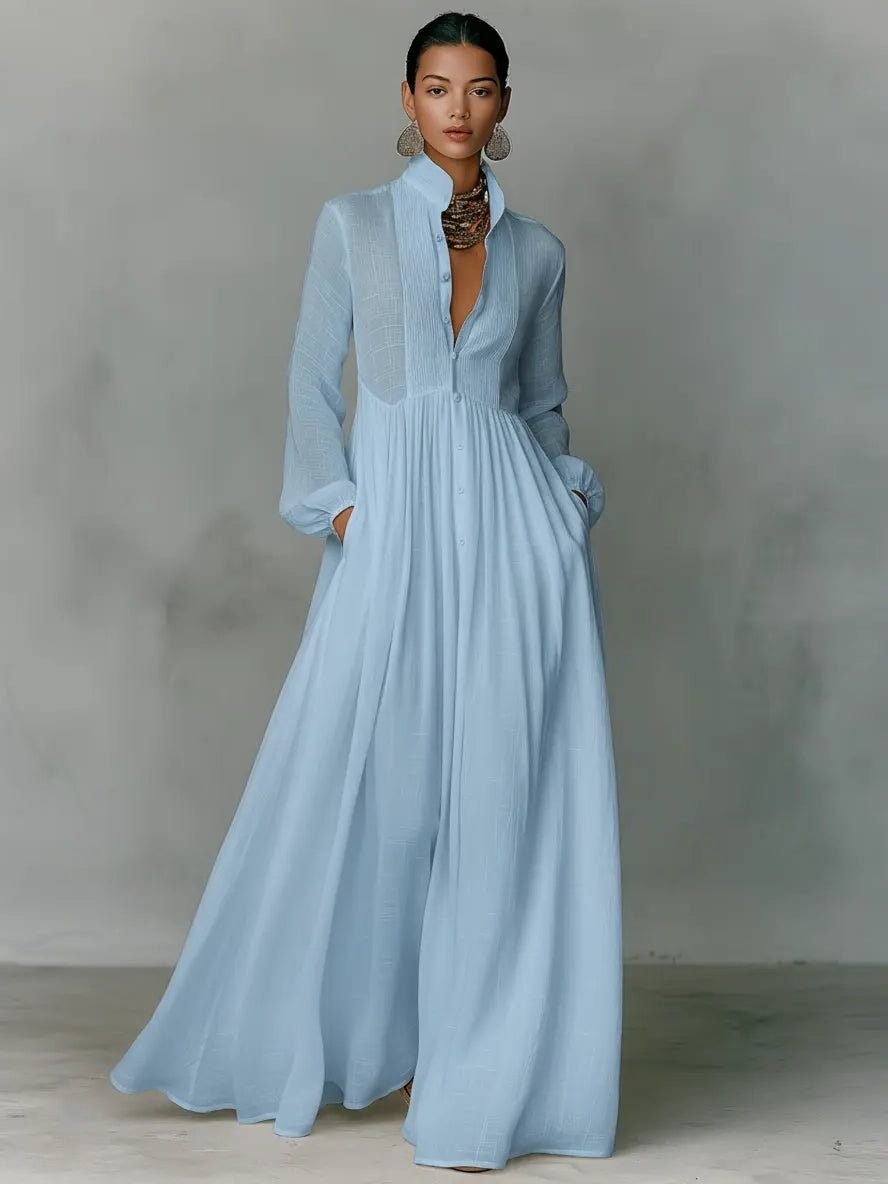 Women's Flowy Maxi Shirt Dress - Blue