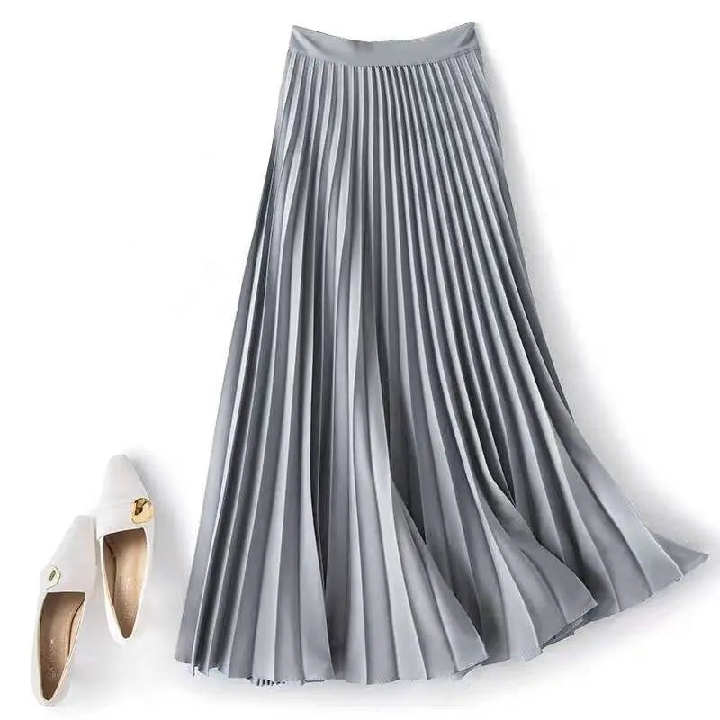 High Waisted Pleated Maxi Skirt - Silver