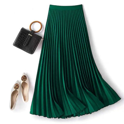 High Waisted Pleated Maxi Skirt - Green