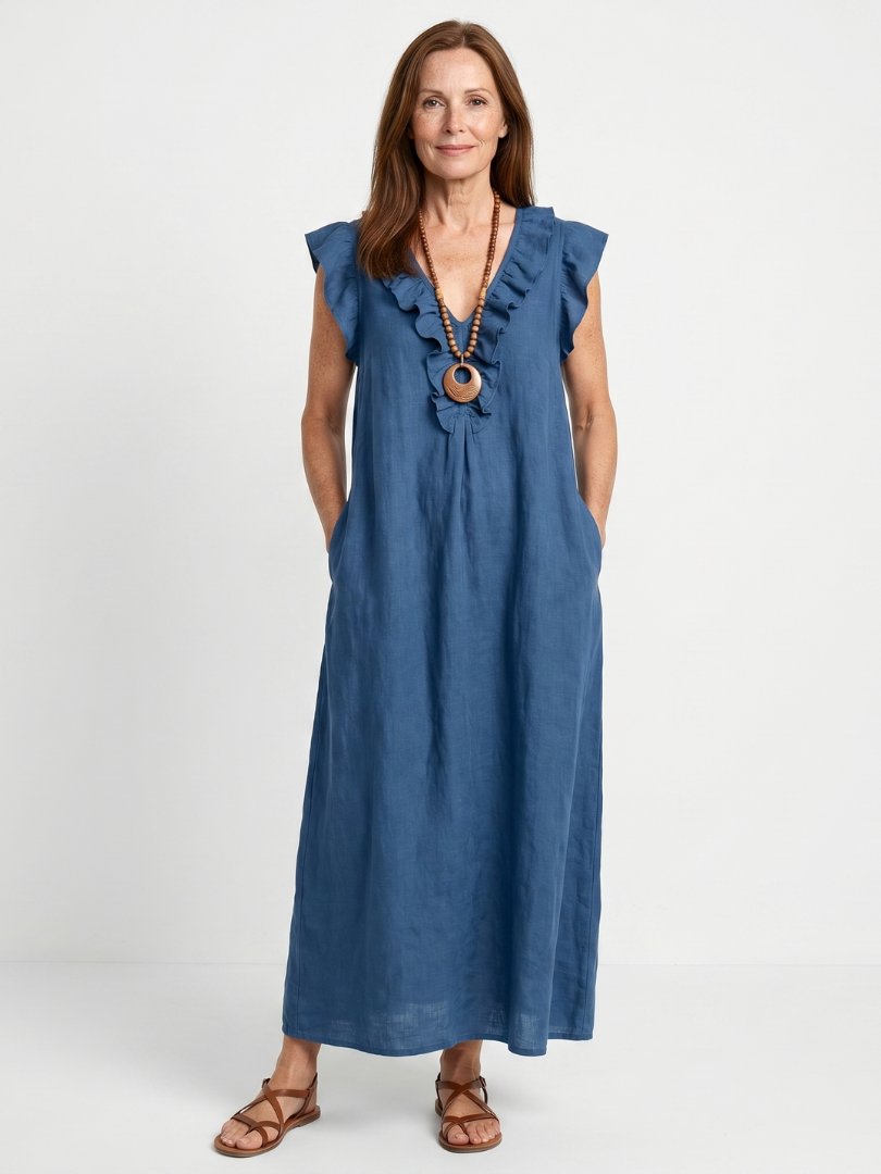 Women's Ruffled Linen Maxi Dress - Blue