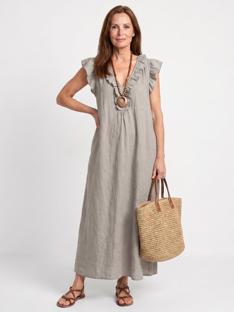 Women's Ruffled Linen Maxi Dress - Grey