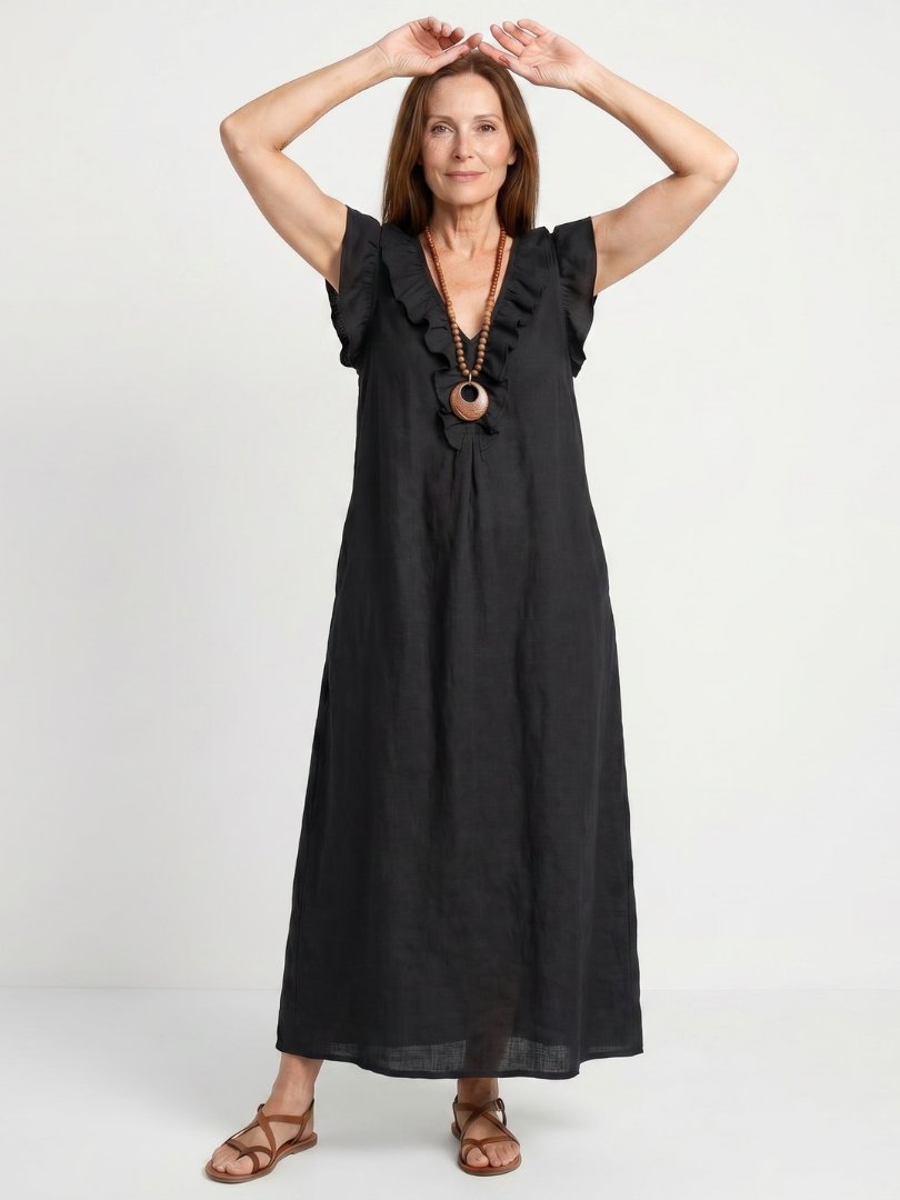 Women's Ruffled Linen Maxi Dress - Black