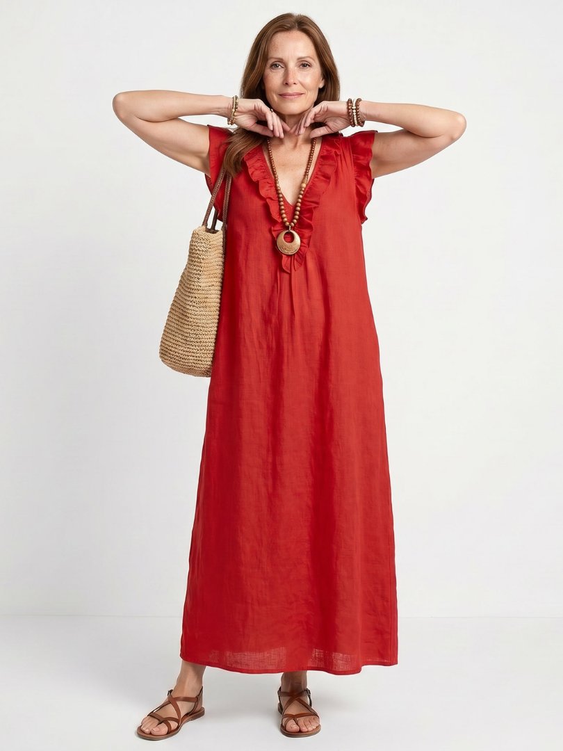 Women's Ruffled Linen Maxi Dress - Red