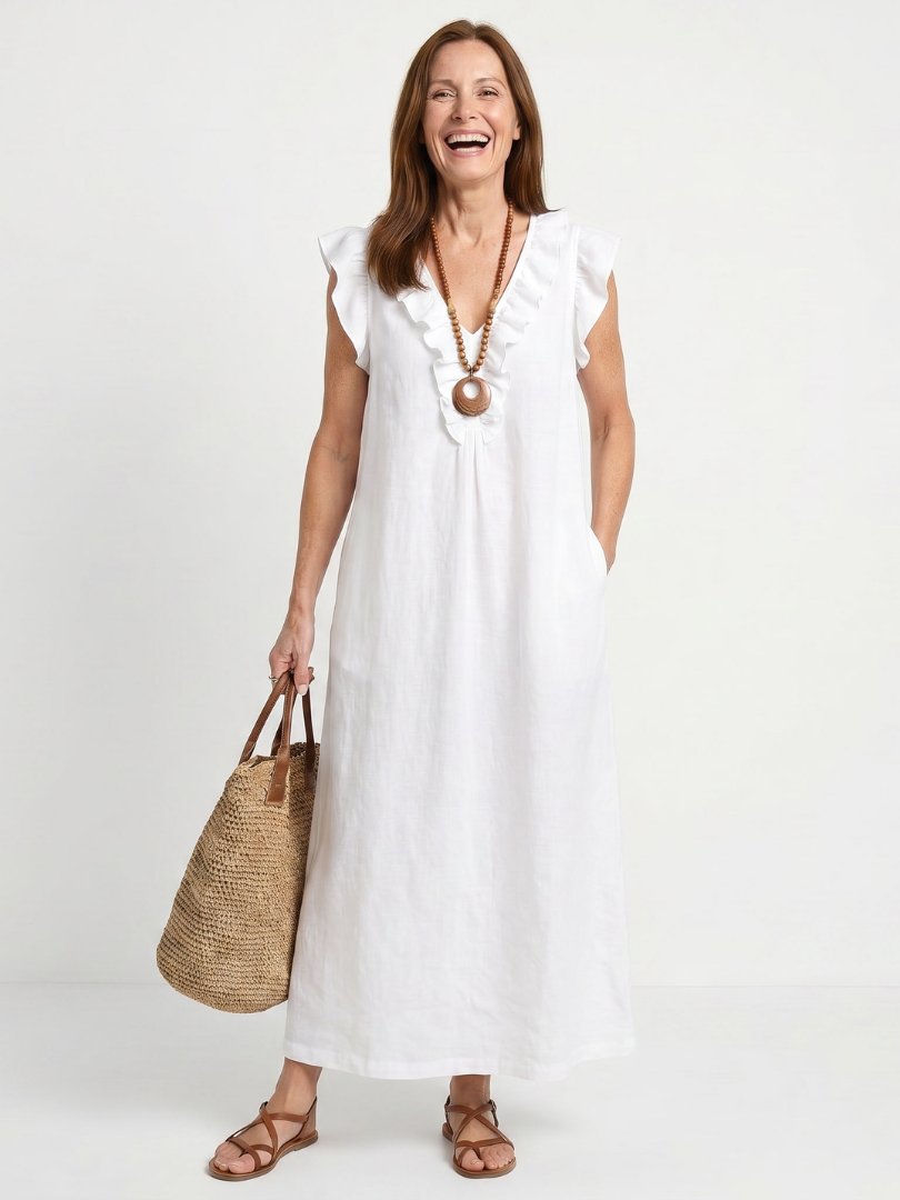 Women's Ruffled Linen Maxi Dress - White