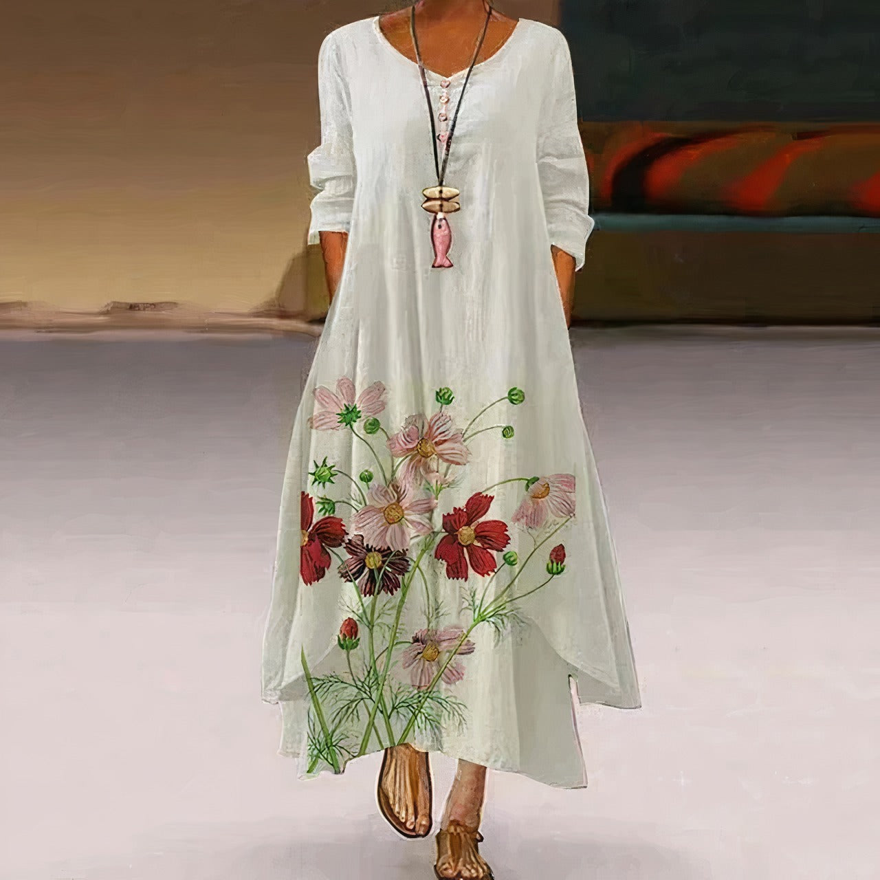 Long Sleeve Floral Maxi Dress - Beige with flowers