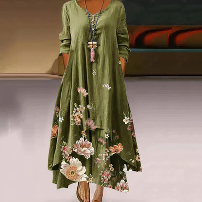 Long Sleeve Floral Maxi Dress - Light Green
