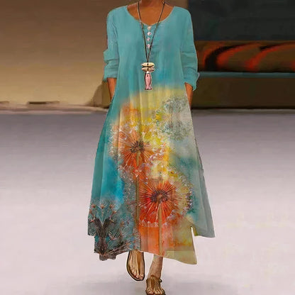Long Sleeve Floral Maxi Dress - Blue-green