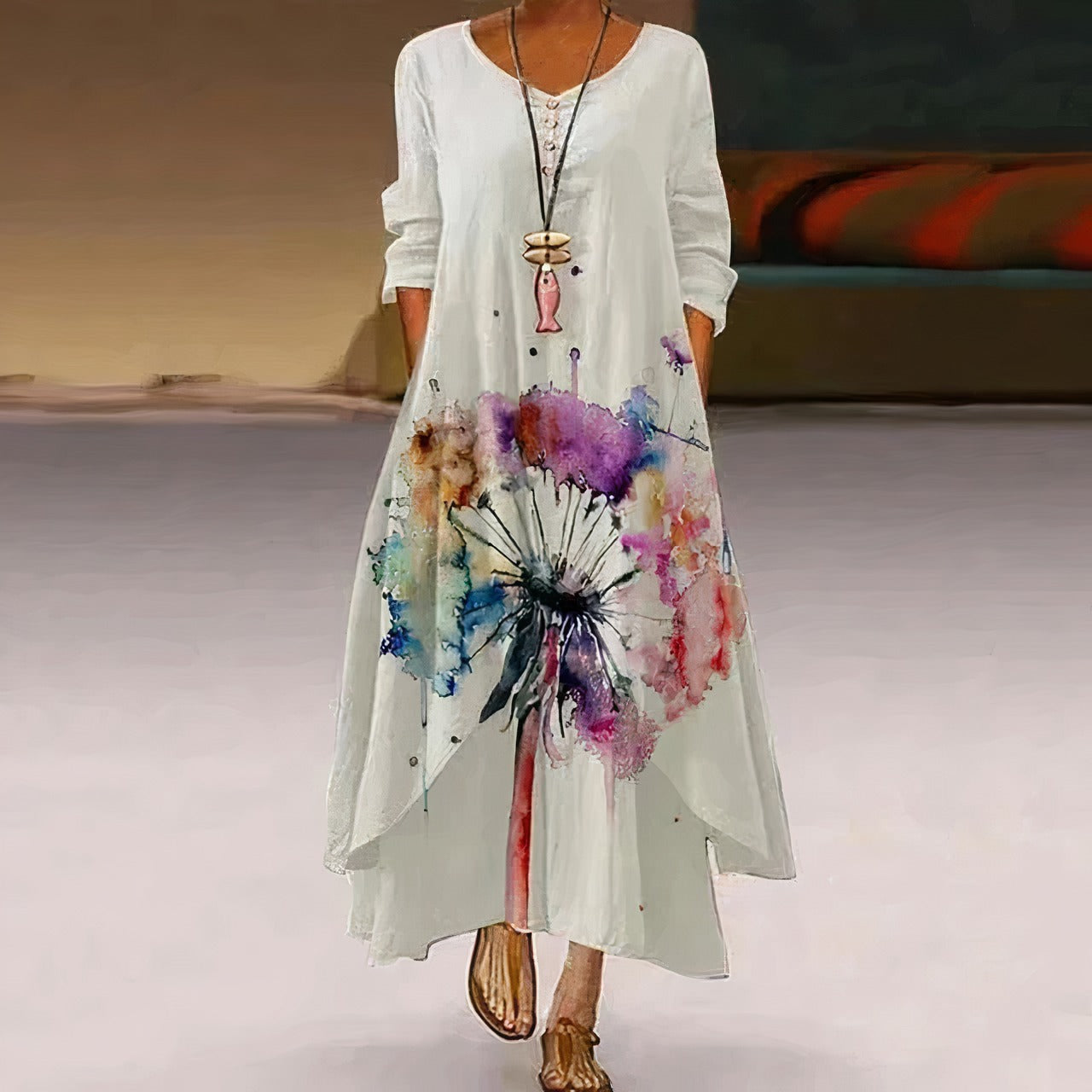 Long Sleeve Floral Maxi Dress - Multicoloured/beige