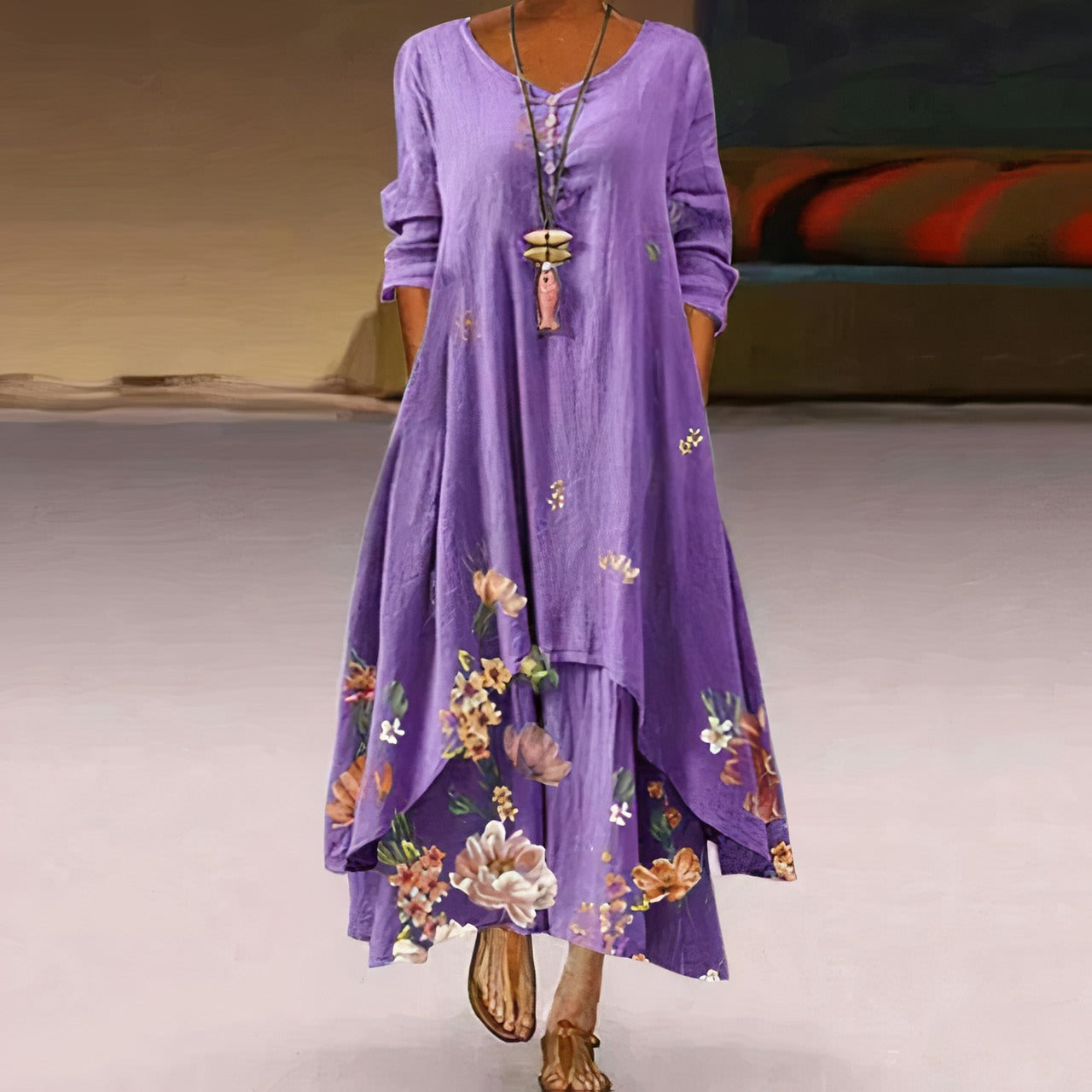 Long Sleeve Floral Maxi Dress - Purple