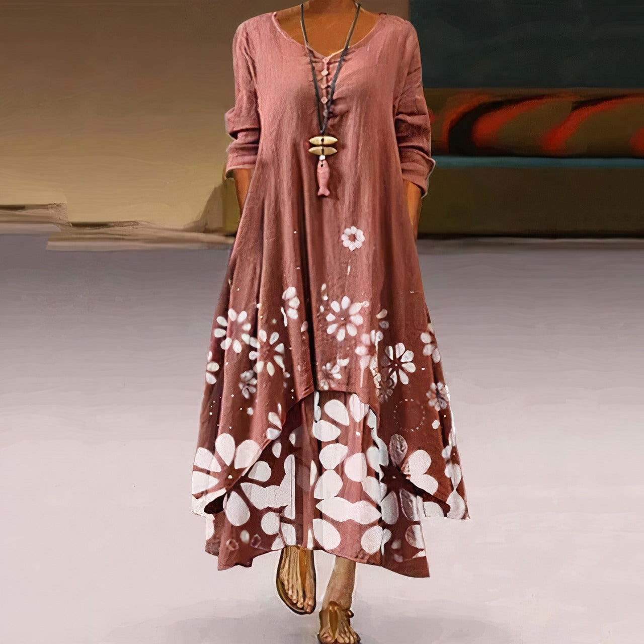 Long Sleeve Floral Maxi Dress - Brown