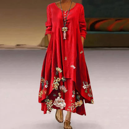 Long Sleeve Floral Maxi Dress - Red