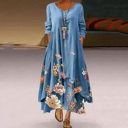Long Sleeve Floral Maxi Dress - Blue