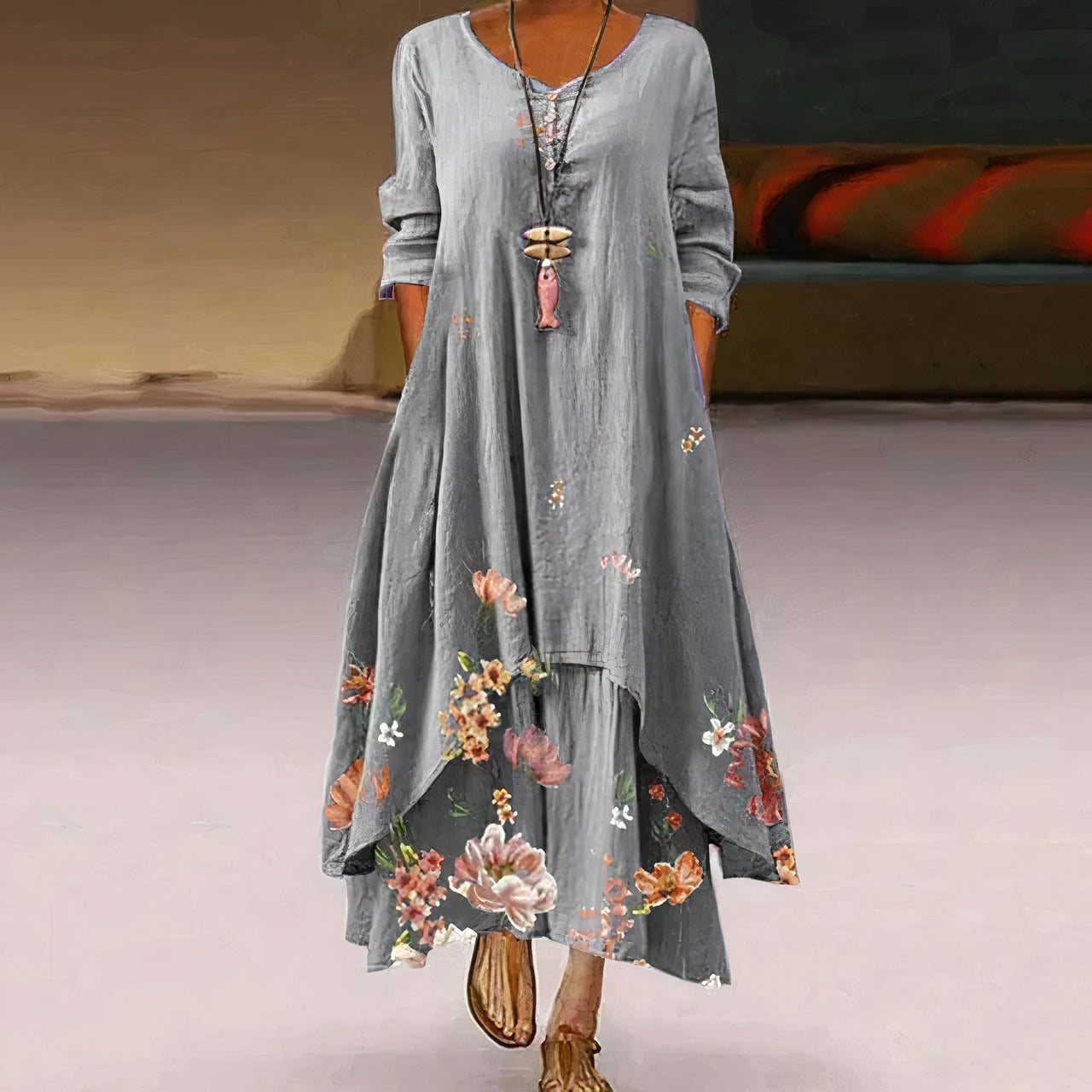 Long Sleeve Floral Maxi Dress - Grey