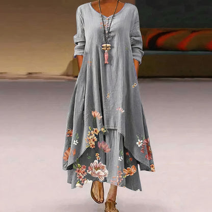 Long Sleeve Floral Maxi Dress - Grey