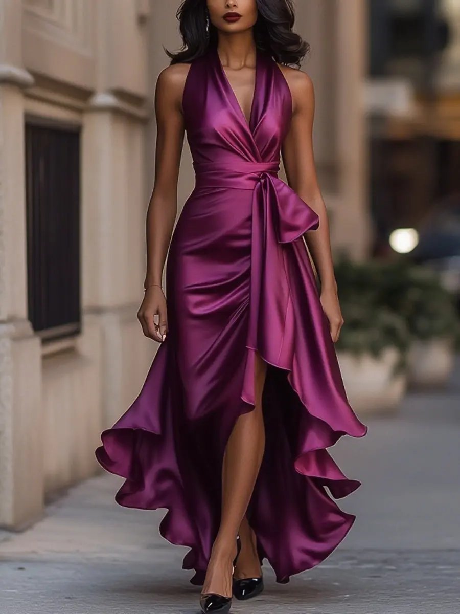 Women's Satin Halter Maxi Dress - Fuchsia