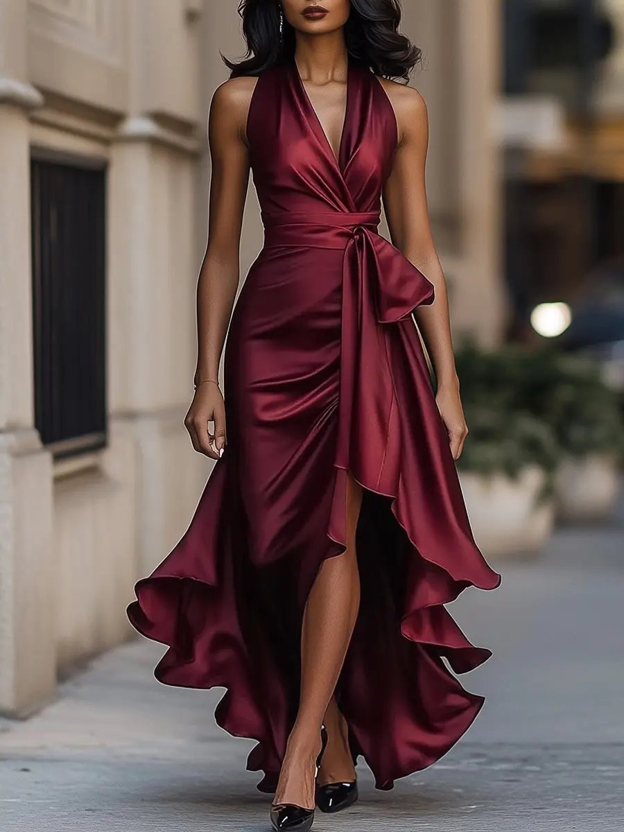 Women's Satin Halter Maxi Dress - Burgundy