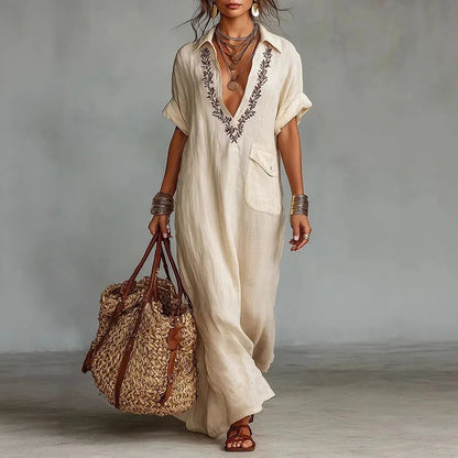 Embroidered Boho Maxi Dress - Khaki