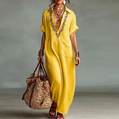 Embroidered Boho Maxi Dress - Yellow