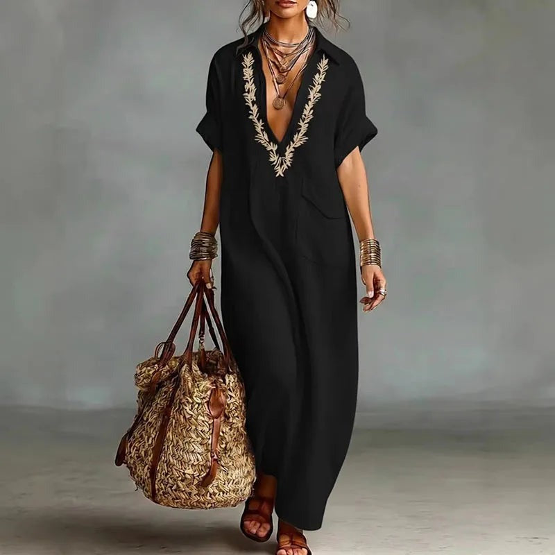 Embroidered Boho Maxi Dress - Black