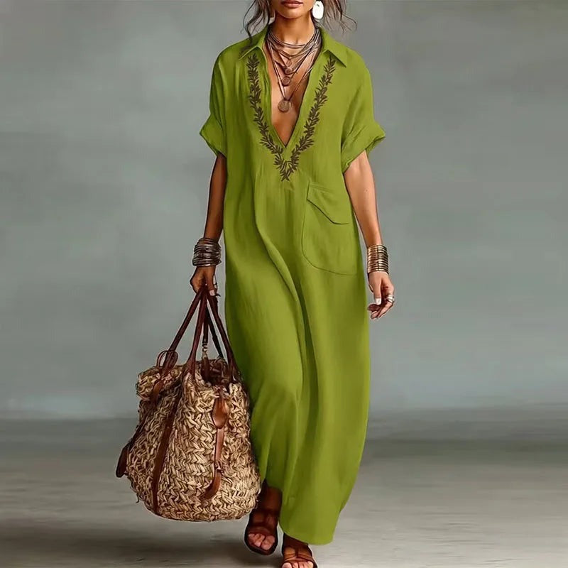 Embroidered Boho Maxi Dress - Olive Green