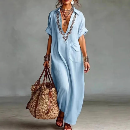 Embroidered Boho Maxi Dress - Sky Blue