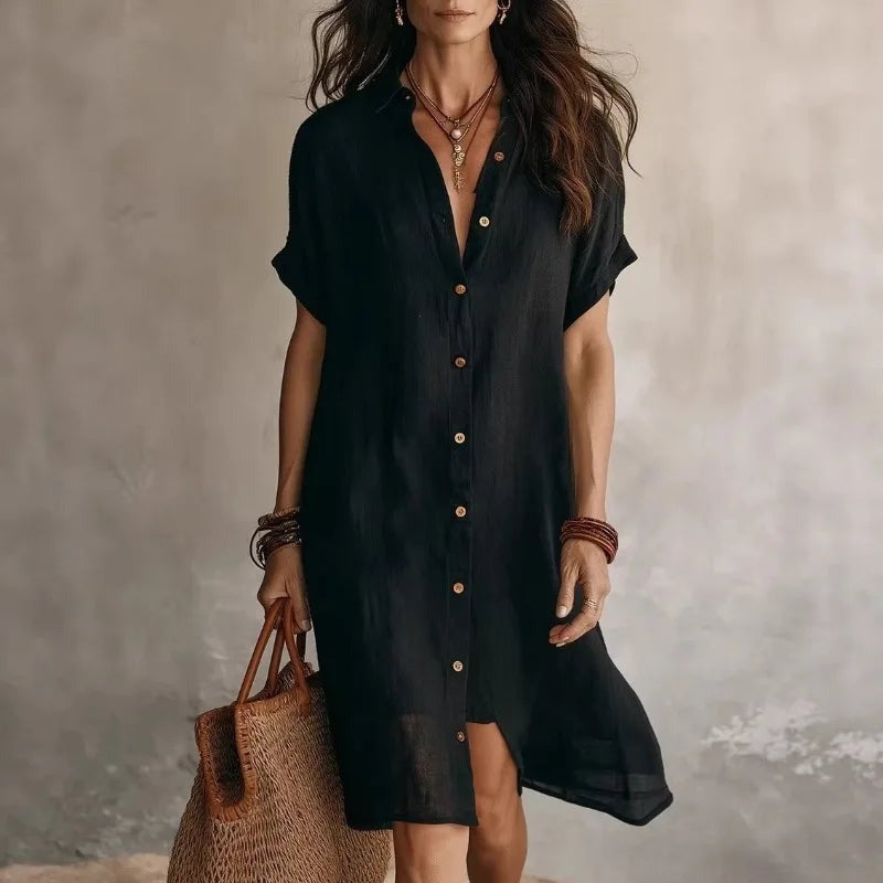 Short Sleeve Shirt Dress - Black