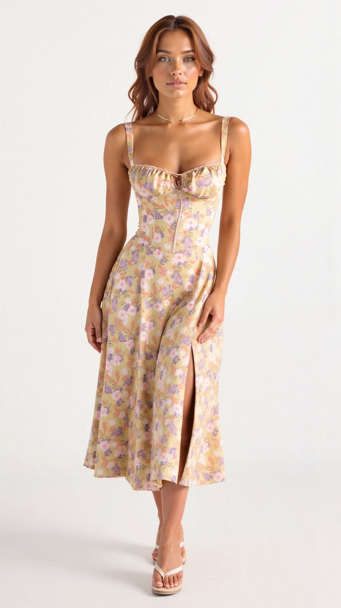 Floral Corset Midi Dress - Yellow