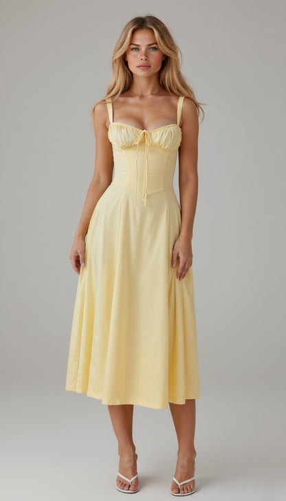 Floral Corset Midi Dress - Light Yellow