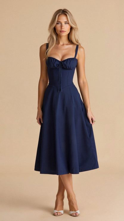 Floral Corset Midi Dress - Navy Blue