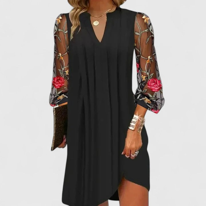 Floral Embroidered Mesh Dress - Black