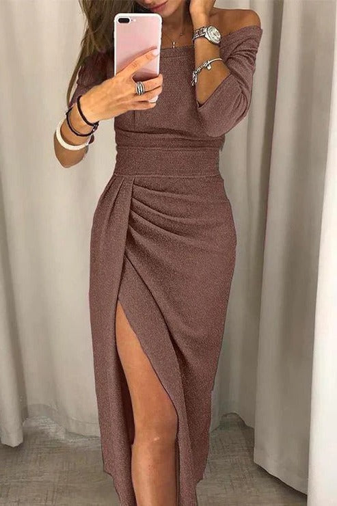 Off Shoulder Cocktail Midi Dress - Brown