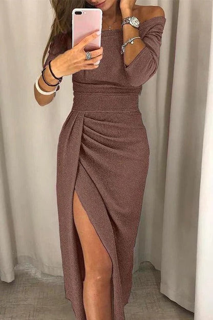 Off Shoulder Cocktail Midi Dress - Brown