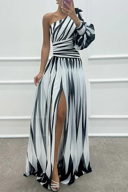 Striped One Shoulder Maxi Dress - White