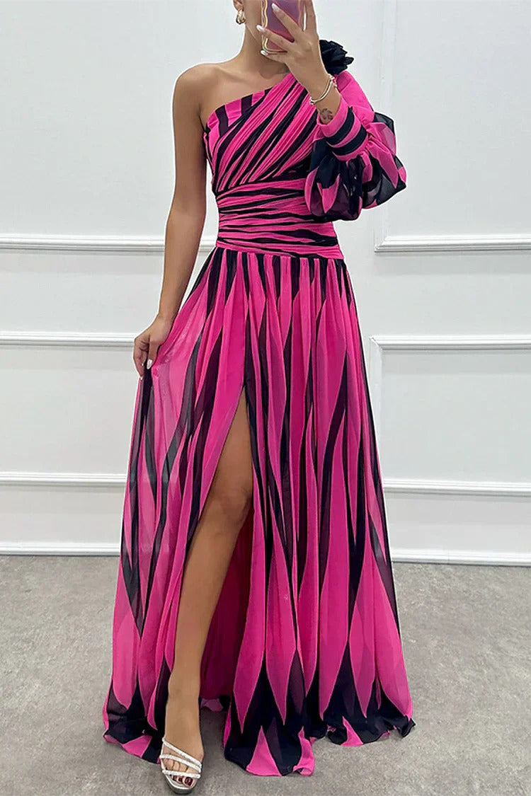 Striped One Shoulder Maxi Dress - Rose Red