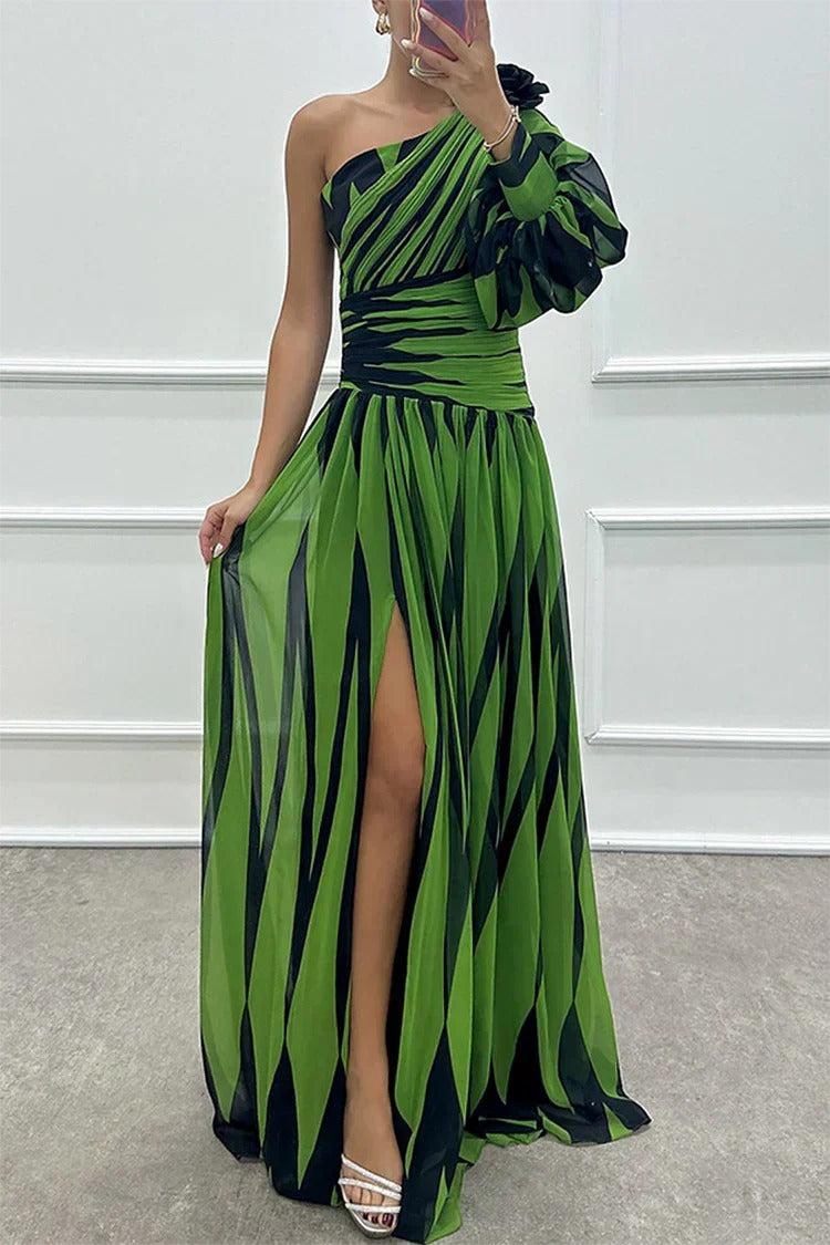 Striped One Shoulder Maxi Dress - Green