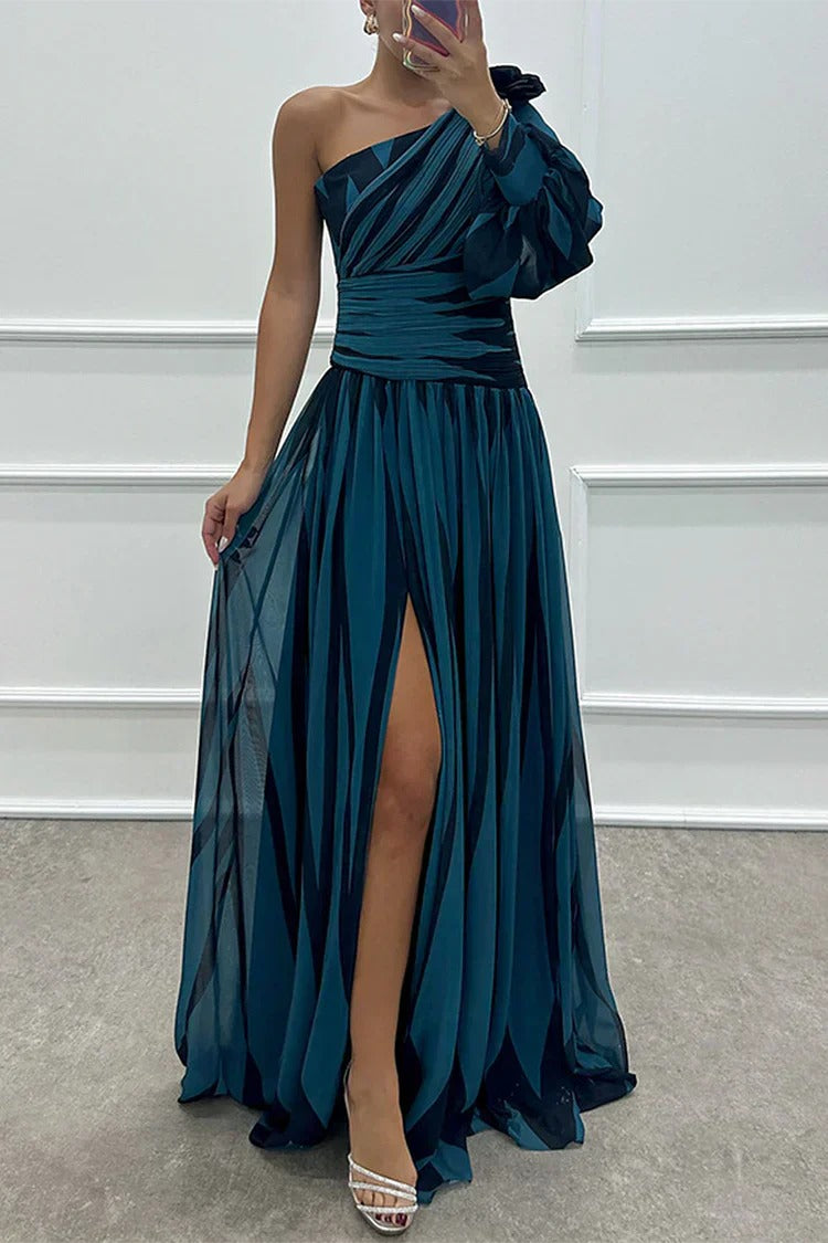 Striped One Shoulder Maxi Dress - Navy Blue
